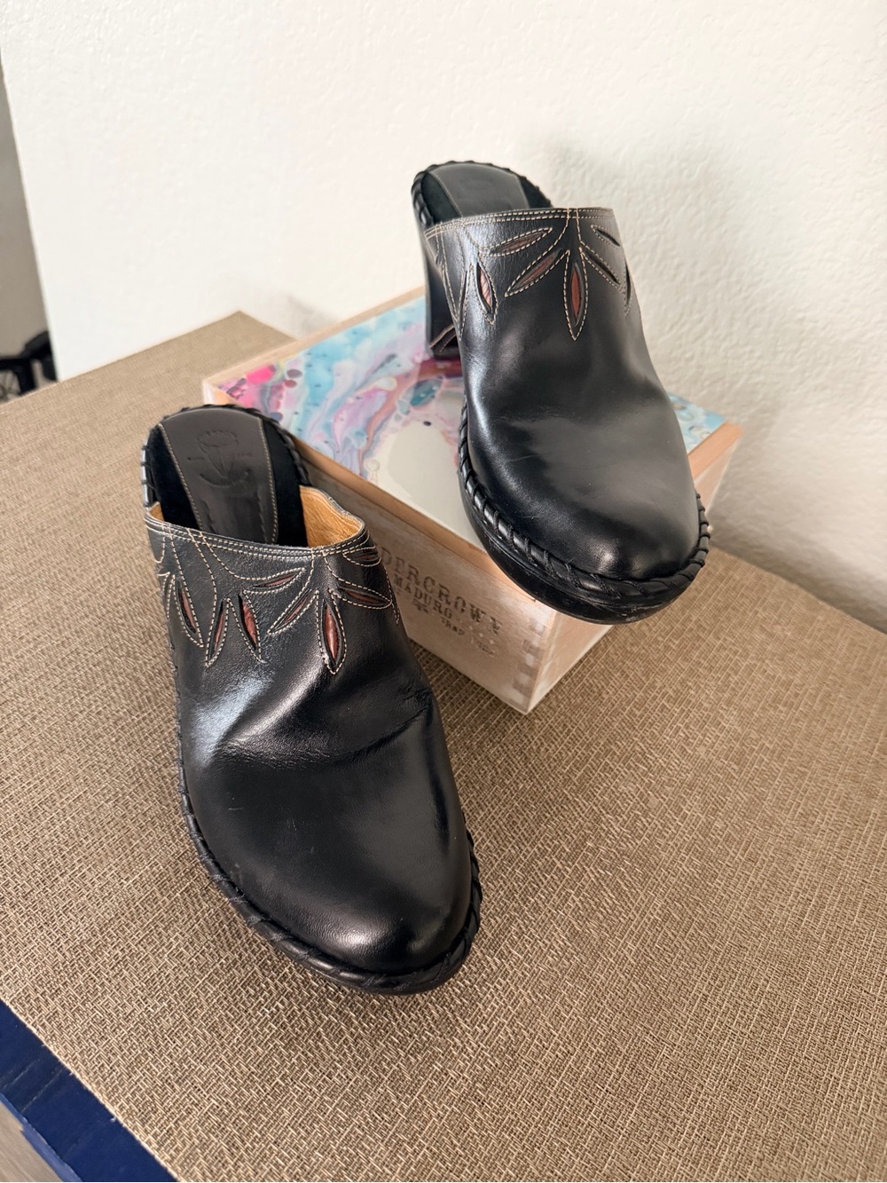 Frye Charlotte Black Leather Slip-On Mules with Contrast Stitching